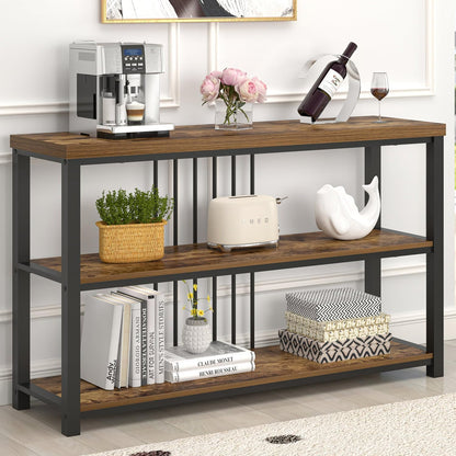 FOLUBAN Industrial Console Table, 3 Tier Entryway Table, Sofa Foyer Table for Living Room Hallway Behind Couch, Rustic Brown