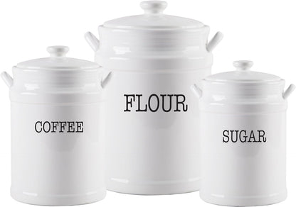 Ceramic Canister Set with Airtight Lids - 3-Piece Kitchen Storage for Flour, Sugar, Coffee, Tea & Spices - Modern Countertop Decor
