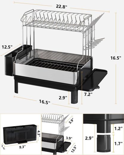 BOOSINY Dish Drying Rack with Drainboard, Stainless Steel Dish Rack, 2 Tier Extra Large Dish Drainer with Cup Holder and Utensil Holder for Kitchen Counter