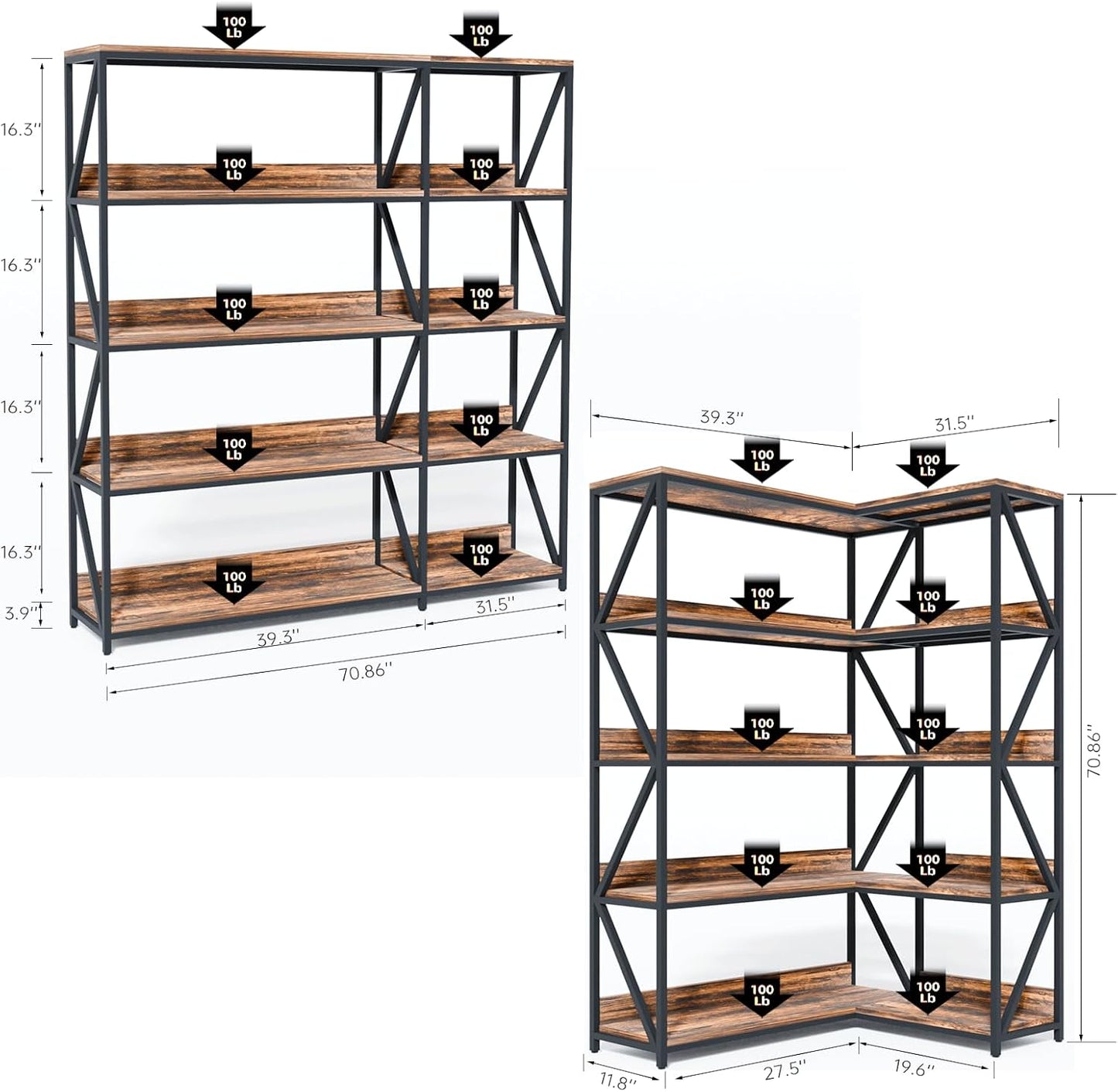 Large Farmhouse Style 5 Tiers Corner Bookshelf with Grow Light, Extra Wide Plant Stand & Bookcase for Home Office 、Craft Space、Living Room, Rustic Wooden Corner Shelf for Indoor Plants