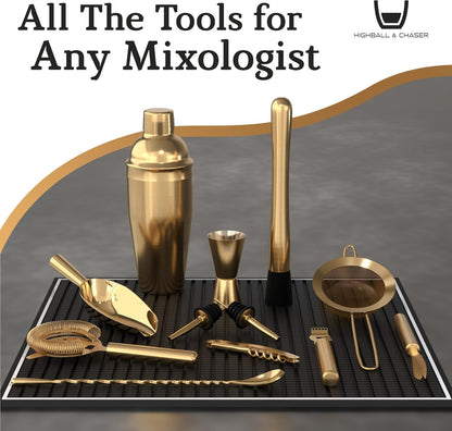 Highball & Chaser Bartender Kit with Espresso Bamboo Stand. Beautiful Cobbler Cocktail Shaker Set with Bar Tools Rustproof Stainless Steel Bar Set (Matte Gold)