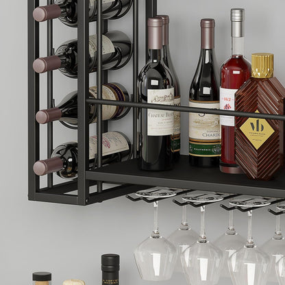 Wall Mounted Wine Rack, Wine Rack Wall Mounted with Wine Glass Rack, 2-Tier Multi-Functional Shelf for Home Restaurant Bar Storage Rack,Black
