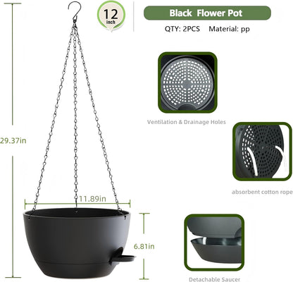 12 Inch Hanging Baskets 2 PC with Chains, Self-Watering Hanging Planters for Indoor Outdoor Plants, Plastic Hanging Flower Pots,Black