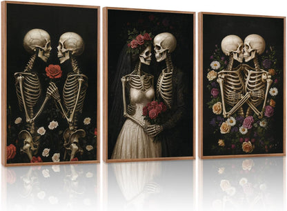 HLNIUC Halloween Rose Wedding Framed Wall Art,Vintage Skeleton Rose Canvas Prints,Abstract Romantic Theme Wall Decor Set of 3(16”x24”)Dark Romance Framed Painting,Roses Skull Art Print for Living Room