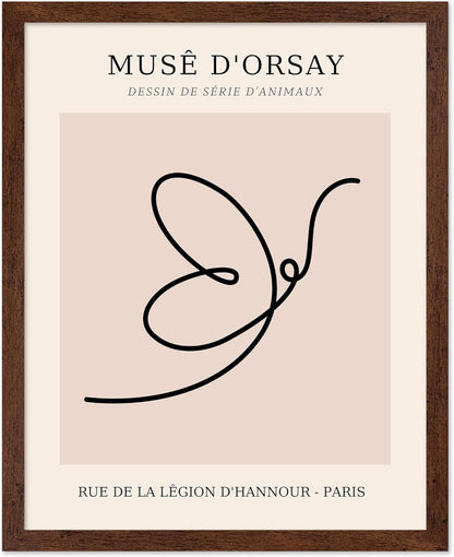 Poster Master Vintage Poster - Retro One Line Butterfly Drawing Print - Butterfly Line Art - Minimal Gift for Him, Her, Animal Lover - Abstract Decor for Home, Office, 8x10 Brown Framed