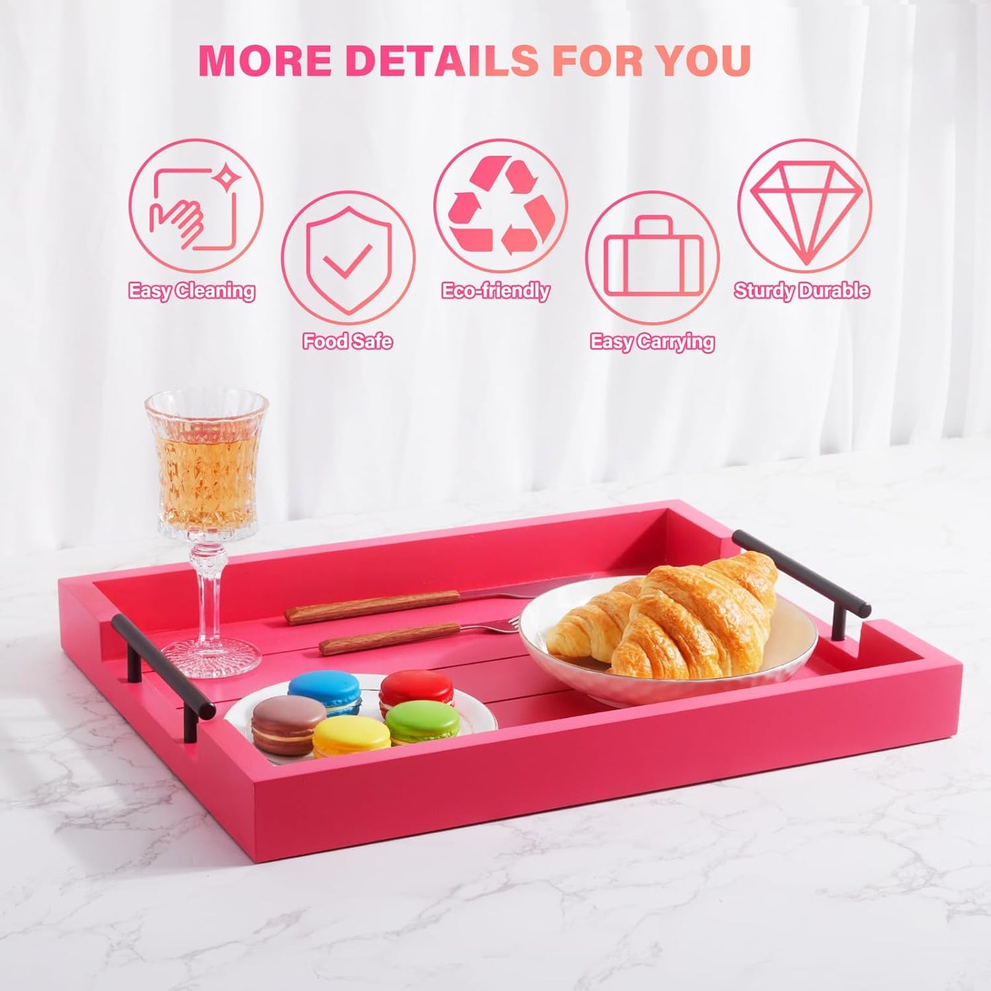 Ottoman Tray | Coffee Table Tray Decorative, Serving Tray with Handles - 17x13 Inch Wood Tray for Coffee Table Tray - with 4 Wooden Coasters -Tray for Ottoman, Breakfast