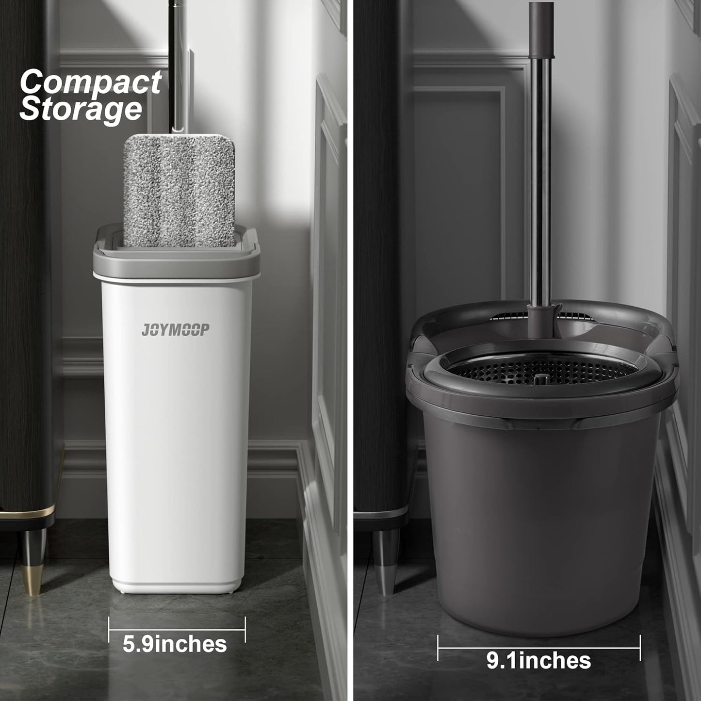 JOYMOOP Mop and Bucket with Wringer Set, Hands Free Flat Floor Mop and Bucket, 60" Mop with 3 Reusable Microfiber Pads, Wet and Dry Use, Floor Cleaning System