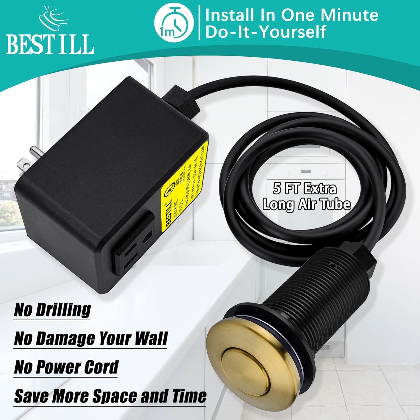 BESTILL Garbage Disposal Button, UL Listed, Cordless Sink Top Air Switch Kit for Waste Disposal, 3.6" Long Push Button with Brass Cover, Brushed Titanium Gold/Brushed Brass