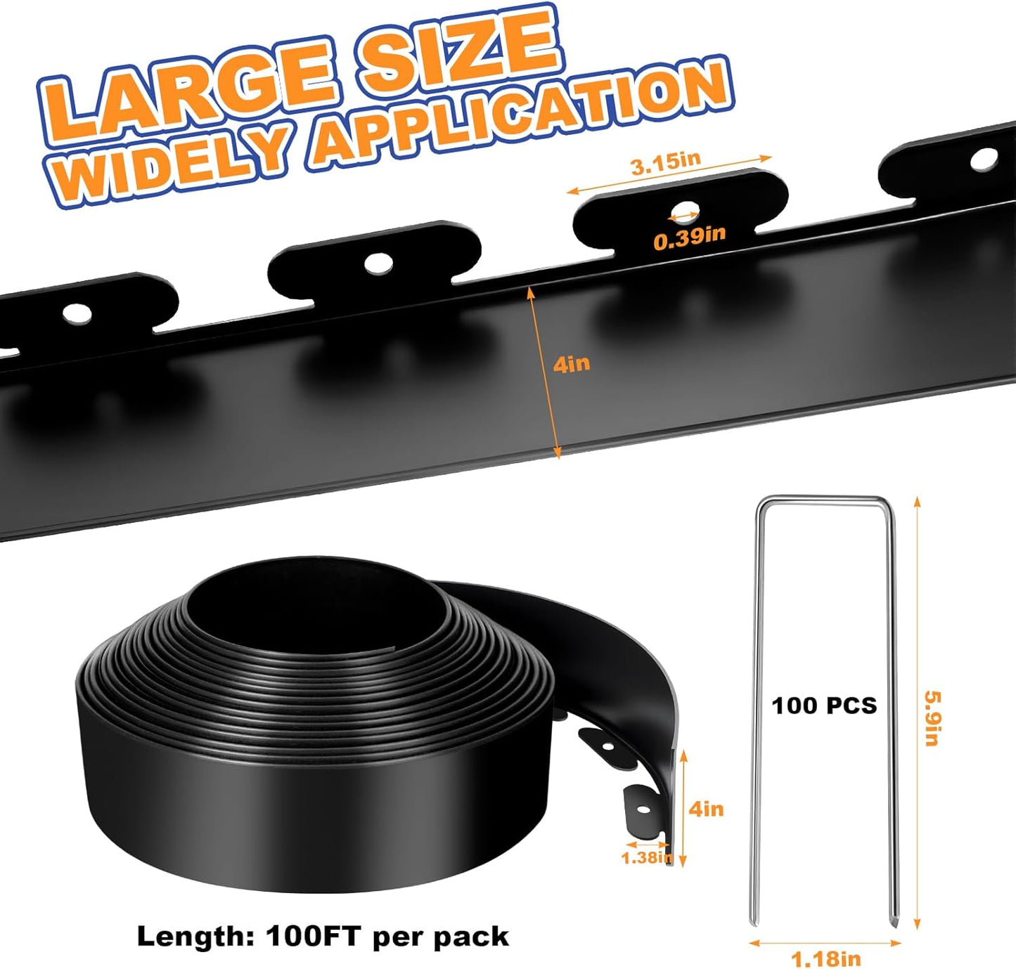 4 Inch x 100 FT (Multiple Sizes Available) Landscape Edging, Garden Edging Borders with 100pcs Upgrade Stakes, Flexible No Dig Plastic Garden Border for Lawn, Landscaping, Flower Beds, tree and Yard