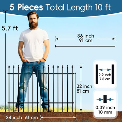 Metal Garden Fence 32 inch H x 24 inch W (5 Panels, Total Length 10 ft) No Need Dig Outdoor Rustproof Animal Barrier Fencing Border Fence for Dog, Patio,Yard, Landscape, Flower Bed