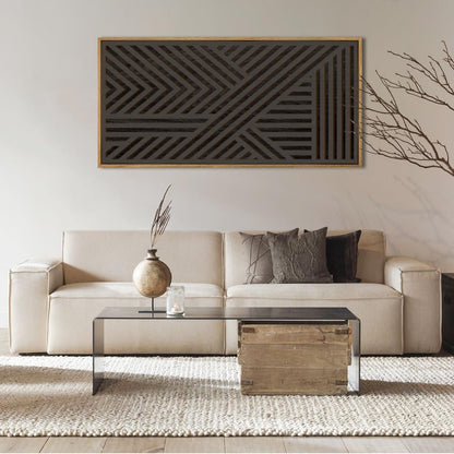 IARTTOP Large Black Framed Wood Wall Art for Living Room Abstract Modern Wooden Wall Decor Neutral Geometric Wall Sculpture Bedroom Office 20x40 Inch