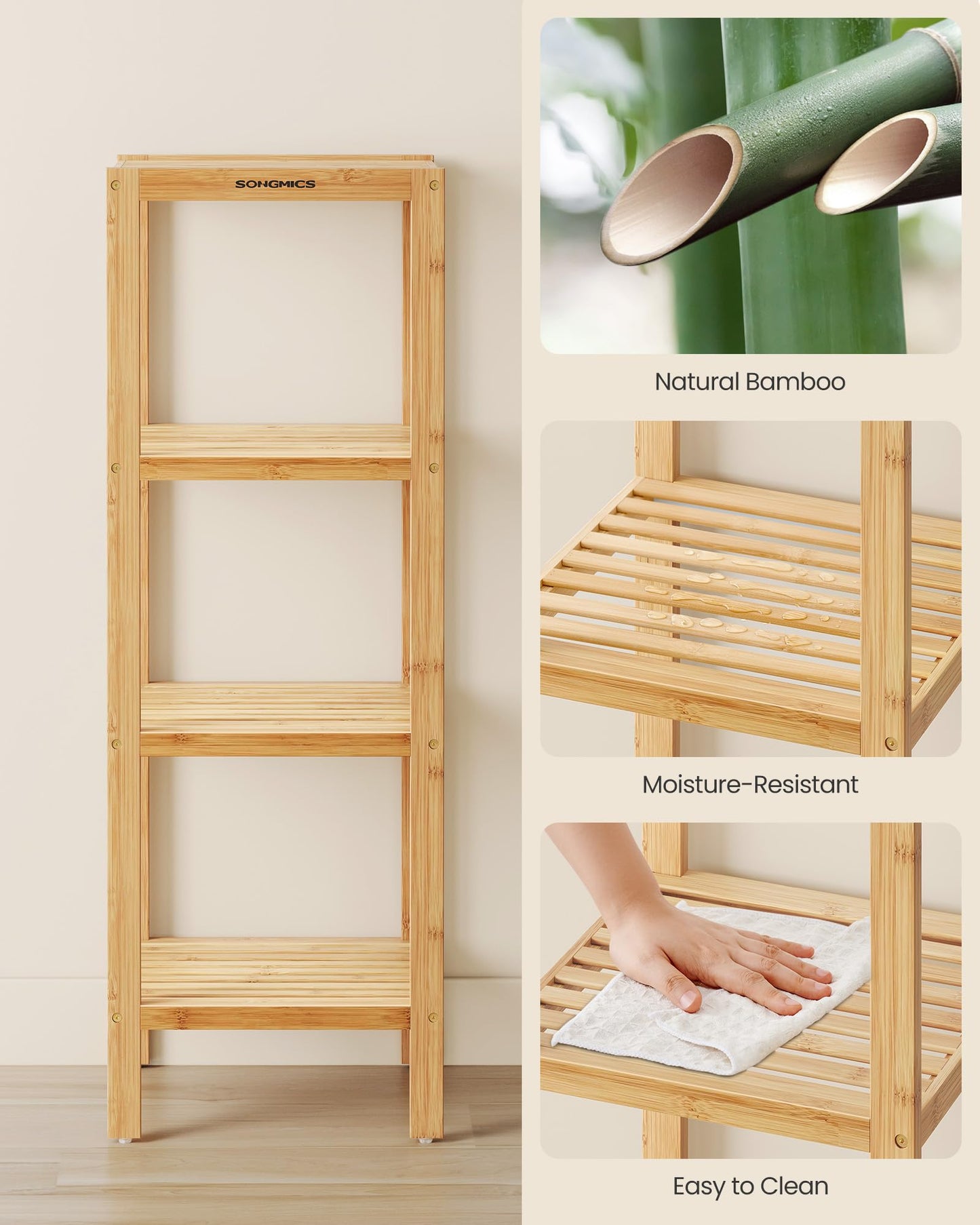 SONGMICS 4-Tier Bamboo Shelf, Narrow Bathroom Shelf, Standing Towel Rack, Corner Rack, for Kitchen
