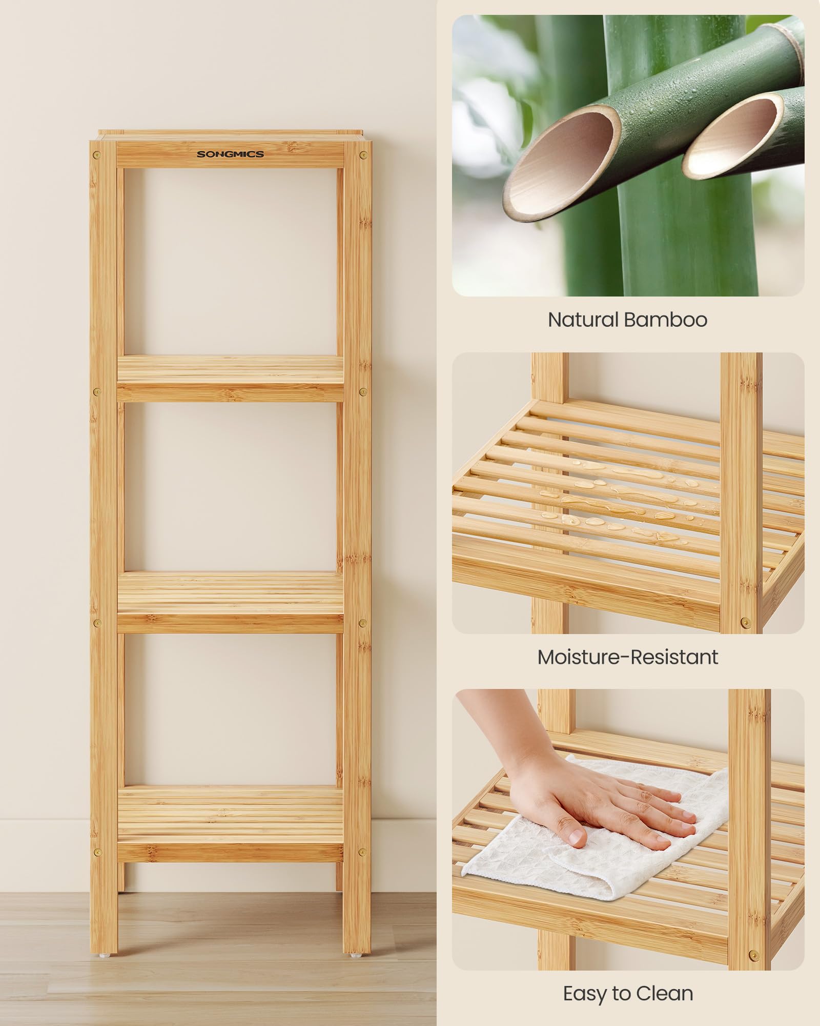 SONGMICS 4-Tier Bamboo Shelf, Narrow Bathroom Shelf, Standing Towel Rack, Corner Rack, for Kitchen
