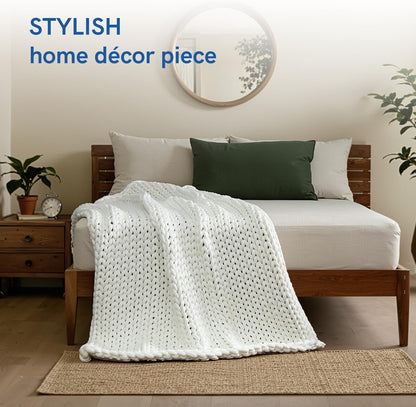 YnM Cooling Chunky Throw Blanket, Medium-Weight, Hand Knitted, Skin Friendly, Ventilated and Breathable, Machine Washable, Home Décor Piece for Couch, Sofa and Bed (White, 40x50 Inch)