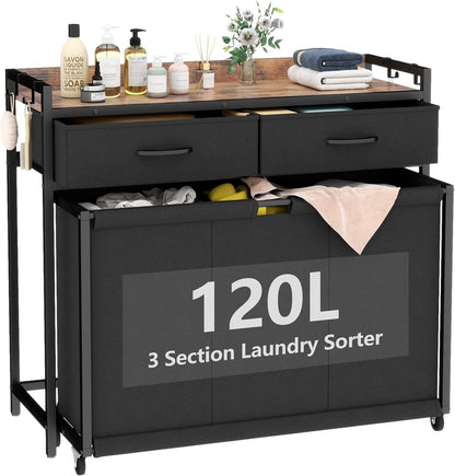 Laundry Hamper Laundry Basket with 3 Section Pull-Out Rolling Bags, Laundry Sorter for Organization and Storage with 2 Pull-Out Drawers for Laundry Room, Bathroom, Bedroom Use (Rustic Brown)