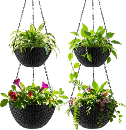 Hanging Planters for Indoor Outdoor Plants 8/10 Inch, 4 Packs Plant Hanger with Drainage Holes, Hanging Basket Flower Pot Perfect for Home, Office and Garden, Black