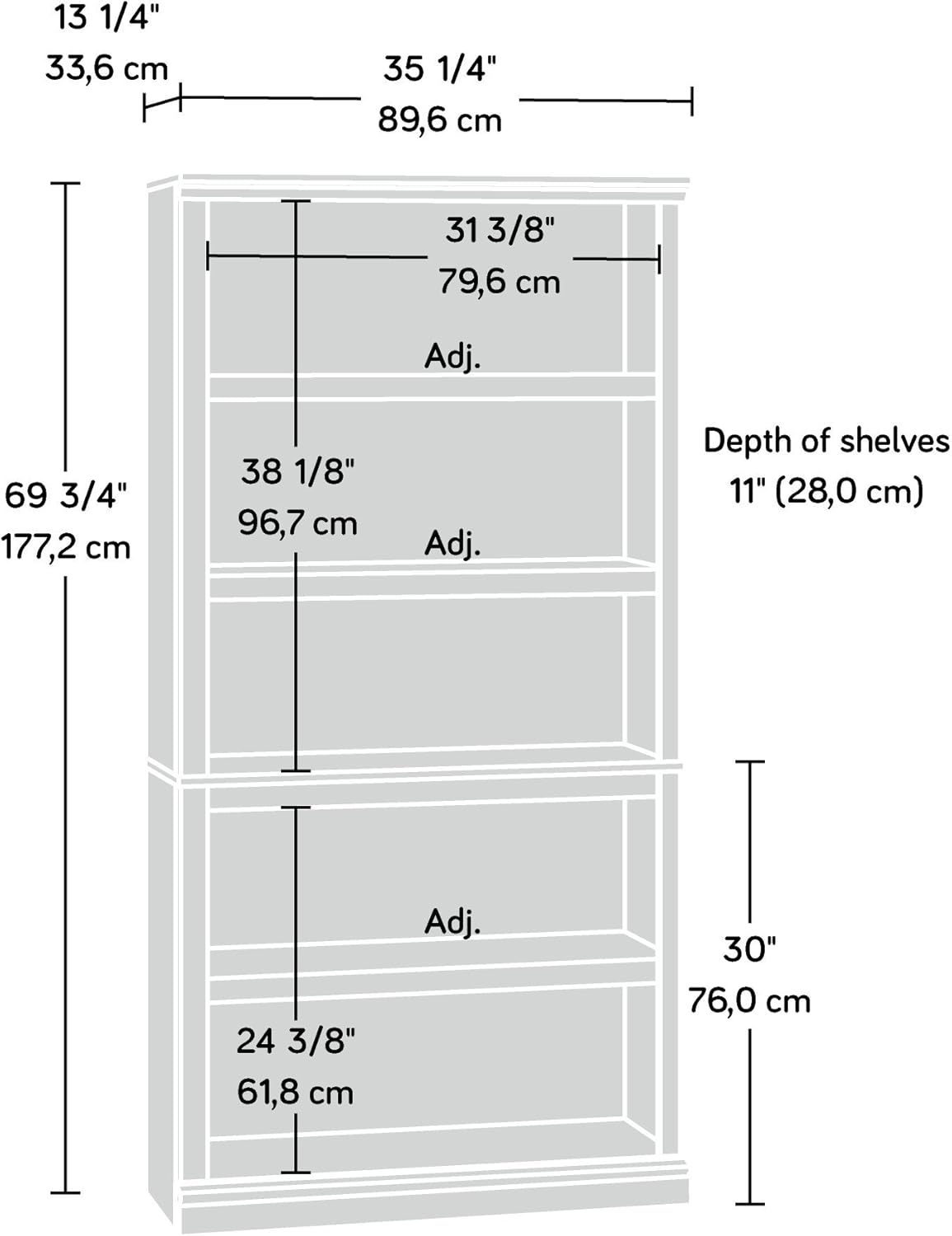 Sauder Miscellaneous Storage 5 Bookcase/Book Shelf, L: 35.28" x W: 13.23" x H: 69.76", Jamocha Wood