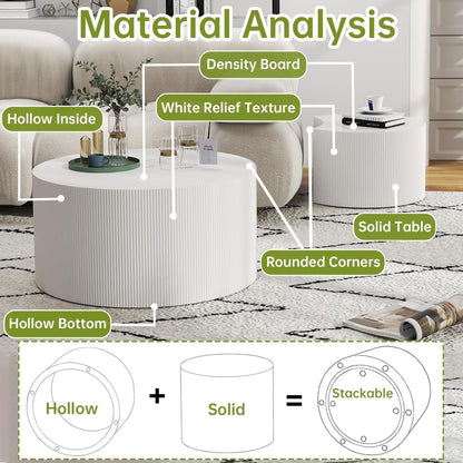Round Nesting Coffee Table Modern White Fluted Coffee Table Set of 2 Stripe Cream Round Coffee Tables Drum Crescent Side Table Accent End Table for Living Room (White A Large)