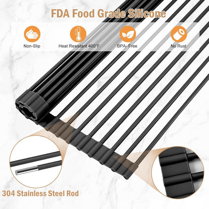 LEMIKKLE Roll Up Dish Drying Rack 17" x 13", Over The Sink Dish Drainer Rack, Foldable Sink Drying Rack, Anti-Slip Silicone Wrapped Dish Drainer for Kitchen Counter (Black)