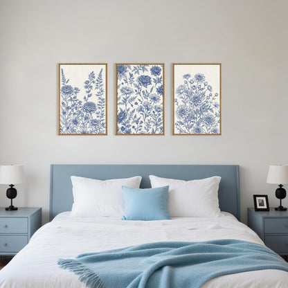 Classic Chinoiserie Floral Framed Canvas Wall Art Set, Blue and White Flower Wall Decor, Navy Watercolor Wall Painting, Minimalist Wildflower Art Print for Living Room, Bedroom - 16"x24"×3