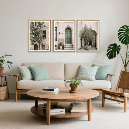 HPNIUB Large Vintage Italy City Landscape Framed Canvas Wall Art Set, Olive Green Tree Country Wall Decor, Modern Minimalist Countryside Villages Picture for Living Room,Bedroom,Office-16 x24 x3