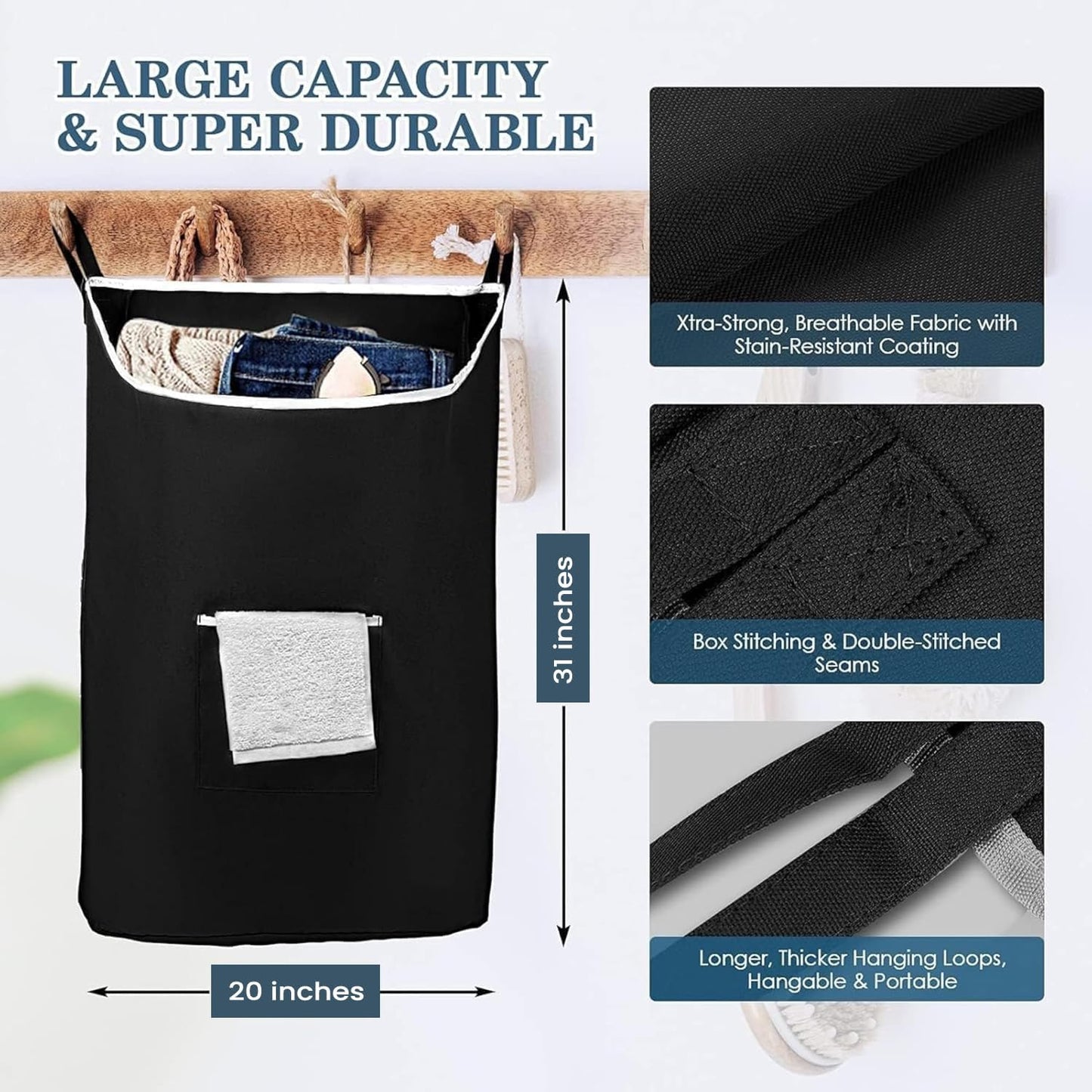 The Fine Living Co. X-Large Hanging Laundry Hamper with Over Door Hooks & Adhesive,Durable Space Saving Laundry Bag with Zipper and Wide Open Top,Hanging Dorm Laundry Hamper 20"x3.75"x31" (Black-XL)