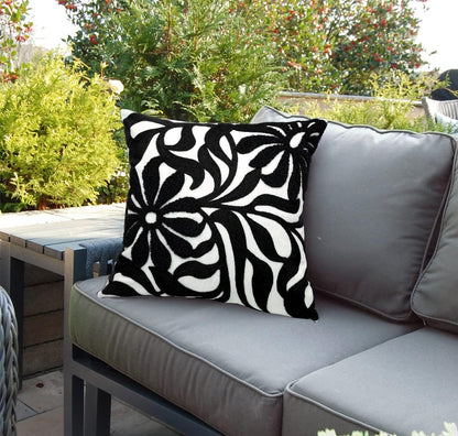 Alysheer Farmhouse Floral Leaves Embroidered Decorative Throw Pillow Cover 18x18 inches, Boho Tufted Flowers Embroidery Pattern Chic Cotton Cushion Case for Couch Bed Sofa Living Room(Black)