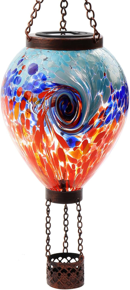 VOREEN Solar Hot Air Balloon Light – Handblown Colored Glass Outdoor Hanging Lantern for Garden, Patio, Balcony Decor – Waterproof, Fade-Resistant LED Light, Gift for Mom Wife Friend, Nature Lovers