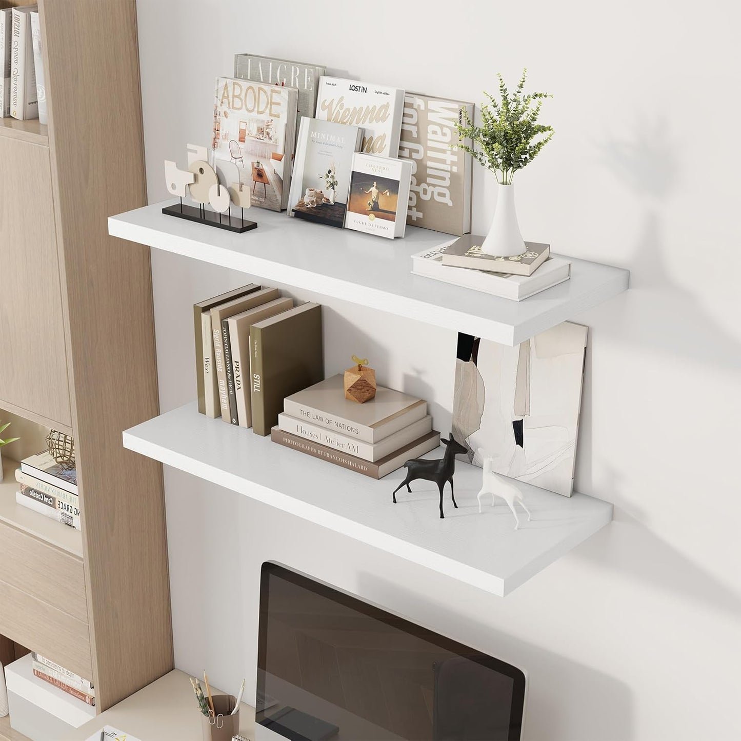 36" Floating Shelves for Wall, 12" Deep Slim White Floating Shelves, Wall-Mounted Shelves for Bedroom, Living Room, Kitchen, Bathroom - Set of 2