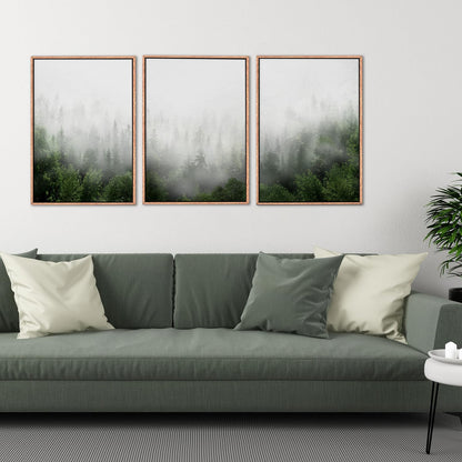 HPINUB Misty Green Forest Framed Canvas Wall Art Set, Nature Scenery Modern Wall Decor, Foggy Mountain Wall Painting, Woodland Landscape Nursery Art Print for Living Room, Bedroom, Office - 16"x24"x3