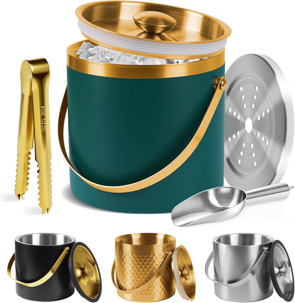 Ice Bucket, Green Ice Bucket 3L with Silicone Sealing Ring Double-Wall Vacuum Insulation Champagne Buckets with Filter Layer Ice Tongs Ice Scoop (Green, 3 L)