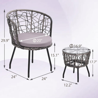 Kromax 3 Piece Bistro Set, Modern Outdoor Wicker Patio Furniture with Tempered Glass Table Top and 2 Chairs, Washable Cushions, Grey Rattan and Grey Cushion