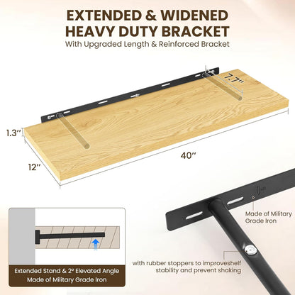 40" Floating Shelves for Wall, 12" Deep Slim Oak Floating Shelves, Wall-Mounted Shelves for Bedroom, Living Room, Kitchen, Bathroom - Set of 2