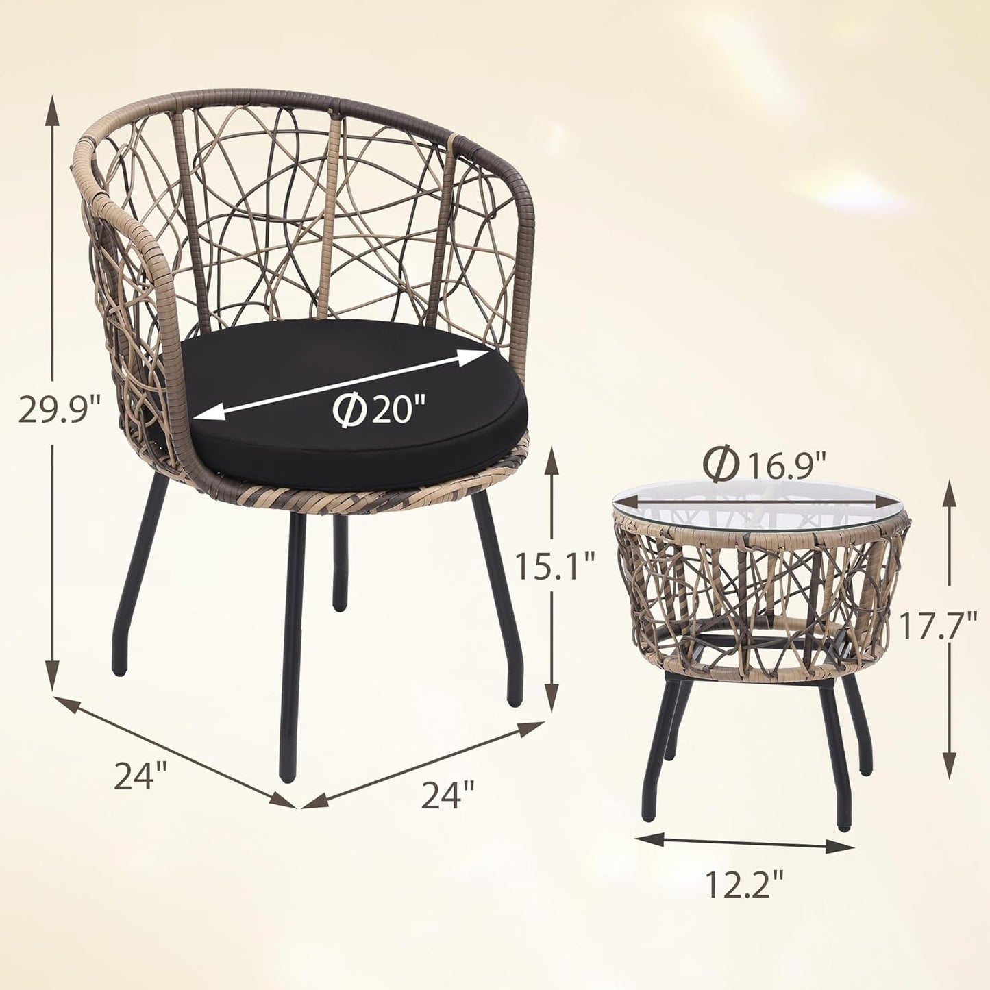 Kromax 3 Piece Bistro Set, Modern Outdoor Wicker Patio Furniture with Tempered Glass Table Top and 2 Chairs, Washable Cushions, Natural Rattan and Black Cushion