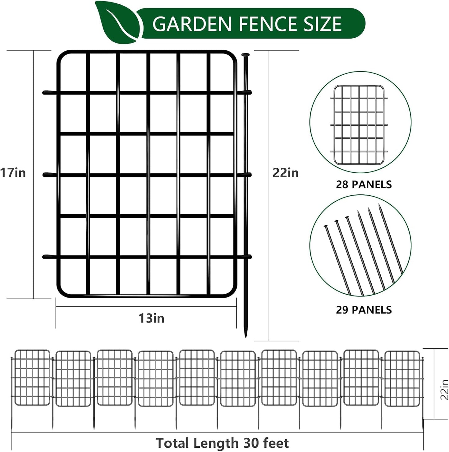 30ft x 17in Garden Fence Animal Barrier, 28 Panels No Dig Fence Border, Rustproof Metal Decorative Garden Fence with Ground Stake, Flower Bed Edging Border for Dog, Rabbit, Outdoor Yard Patio Decor