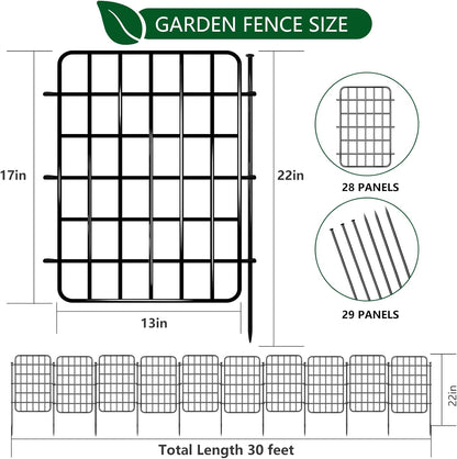 30ft x 17in Garden Fence Animal Barrier, 28 Panels No Dig Fence Border, Rustproof Metal Decorative Garden Fence with Ground Stake, Flower Bed Edging Border for Dog, Rabbit, Outdoor Yard Patio Decor