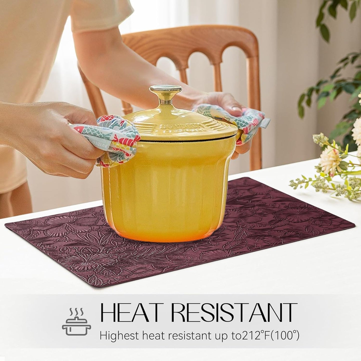 Romanstile Vinyl Placemats Set of 8-12 X 18 Inch - Heat Resistant Non-Slip Embossed Floral Place Mats 100% Waterproof Oilproof Wipeable Faux Leather Table Mats for Kitchen/Dining/Party, Burgundy