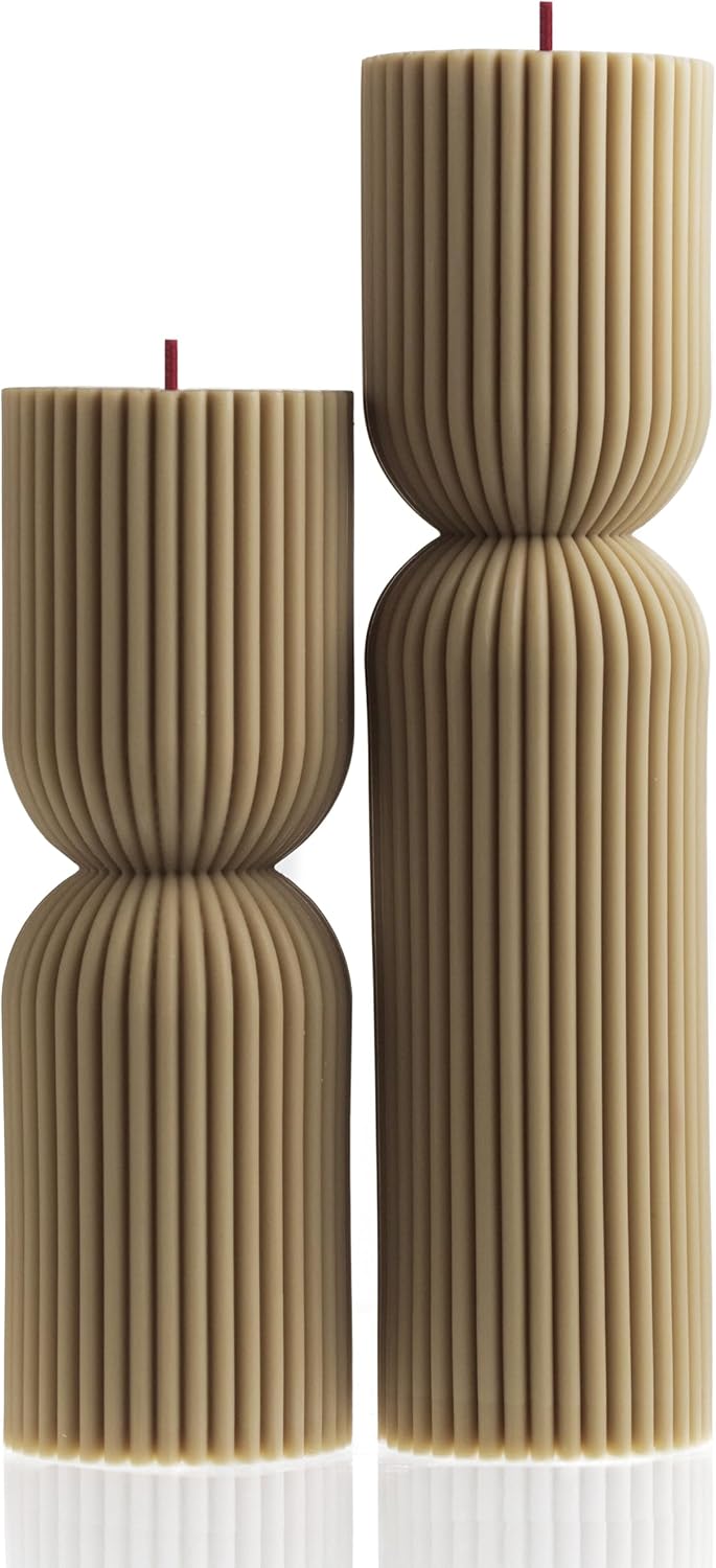 LAWA Hourglass Pillar Candle - Large Beautiful Handmade Pillar Scented Soy Wax Candle Elegant Bubble Aesthetic Candle Housewarming Gift Home Room Shelf Decor Idea Olive Beige (Set of 2)
