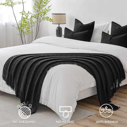 MIULEE Black Knitted Throw Blanket for Couch Textured Knit Blanket with Tassels Cozy Woven Boho Bed Blanket for Sofa Bed Chair Acrylic Wave Pattern 50"x60"