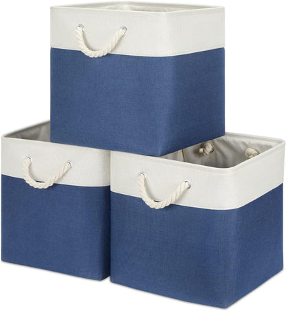 Bidtakay Storage Baskets Large Cube Storage Bins Fabric Baskets for Organizing Shelves 13x13 Navy Blue Square Storage Bins Large Set of 3 Linen Closet Organizers for Cabinet Home