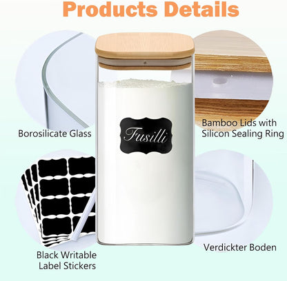 Food Storage Containers with Airtight Bamboo Lids Set of 5, Glass Canisters with Airtight Lids, Glass Food Storage Containers for Pasta, Oats, Coffee, Flour, Sugar, Best for Kitchen, Square