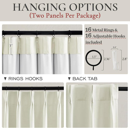 Cute Short Window Blackout Kitchen Curtains 45 Inches Long 2 Panels Set, Farmhouse Light Cream Linen Pinch Pleated Linen Drapes with Hooks Rings Thermal Heat Blocking Ivory White Curtain for Windows