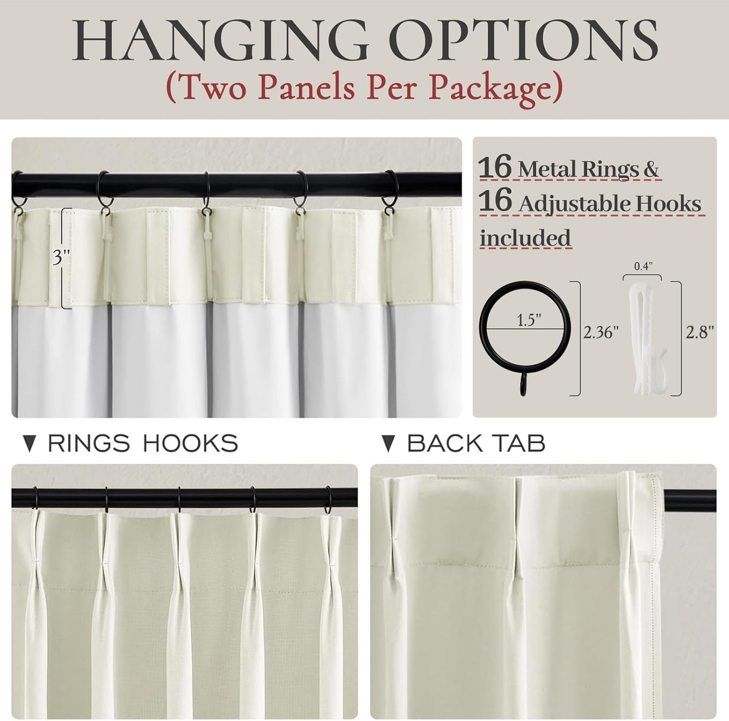 Cream White Blackout Drapes 96 Inches Long 2 Panels, Linen Room Darkening Fabric Thick for Bedroom Viral Pinch Pleated Window Curtains 96 Inches Long with Hooks Sound Deadening Insulated Thermal Cute