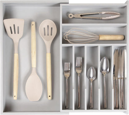 Premium Silverware, Flatware and Utensil Organizer for Kitchen Drawers, Food-Safe Contract Grade, Expandable from 10.5 to 19 In, Gray Bamboo