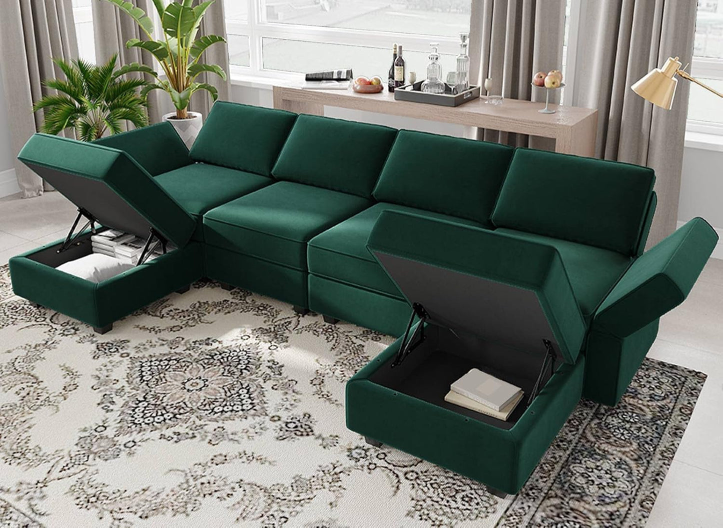Belffin Modular Sectional Sofa Oversized U Shaped Sectional Couch with Reversible Chaise Velvet Modular U Shape Sofa with Storage Seat Green
