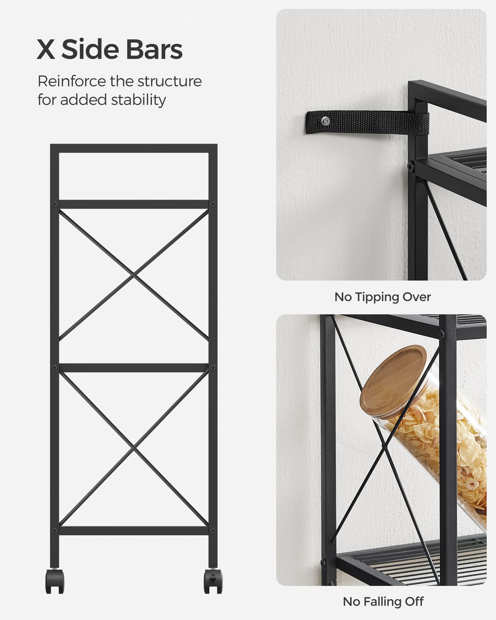SONGMICS 3-Tier Metal Storage Rack with Wheels, Mesh Shelving Unit with X Side Frames, 31.5-Inch