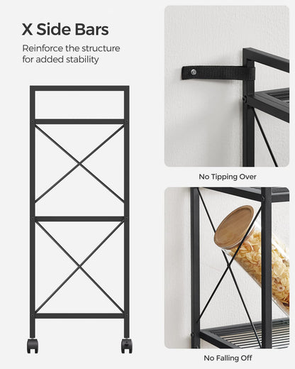 SONGMICS 3-Tier Metal Storage Rack with Wheels, Mesh Shelving Unit with X Side Frames, 31.5-Inch