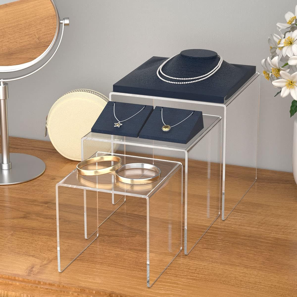 HIIMIEI Clear Acrylic Display Risers 2 Sets, 3-Tier Risers Stands Showcase for Amiibo Funko Pop Figures, Dessert, Jewelry-5"x6"x7"