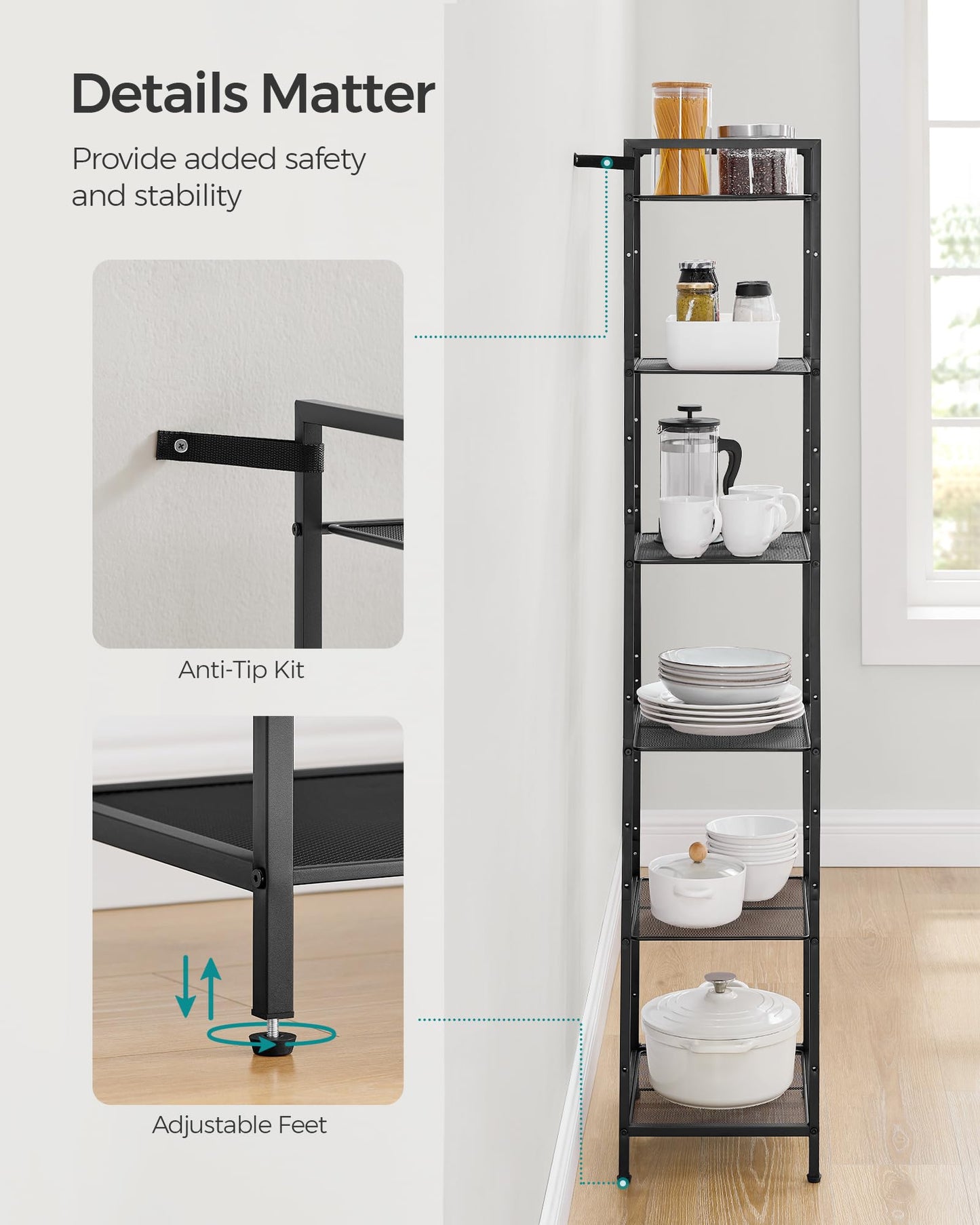 SONGMICS 6-Tier Storage Rack, Bathroom Shelf, Extendable Plant Stand with Adjustable Shelf, for