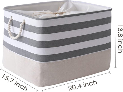 TheWarmHome Jumbo Storage Bins Baskets, Sturdy Fabric Organizing Basket W/Handles, Decorative Foldable Storage Baskets for Shelves Closet Nursery Toy (Grey&White Stripes 3 Pack, 20.5Lx15.7Wx13.8H in)